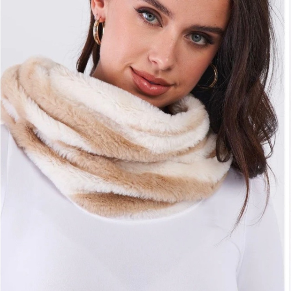 Faux Fur Infinity Scarf - Beige and White